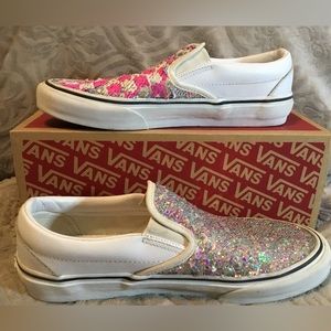 VANS CLASSIC PINK AND WHITE FLIP SEQUINED SLIP ON
